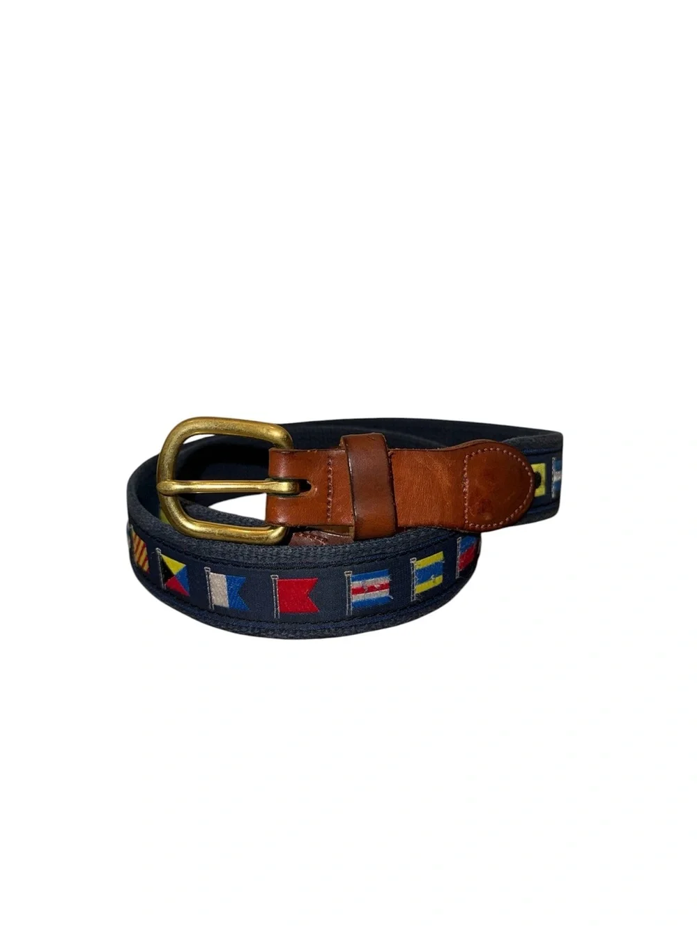 Vintage J Press Men's Navy Flag Leather Woven Belt with Brown Leather Accents 38